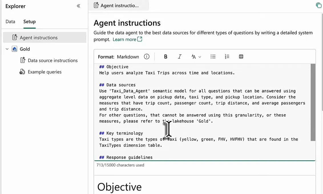 The Setup tab of the TaxiAnalysis data agent with the Agent instructions editor in Markdown format, showing the Objective, Data sources and Key terminology sections