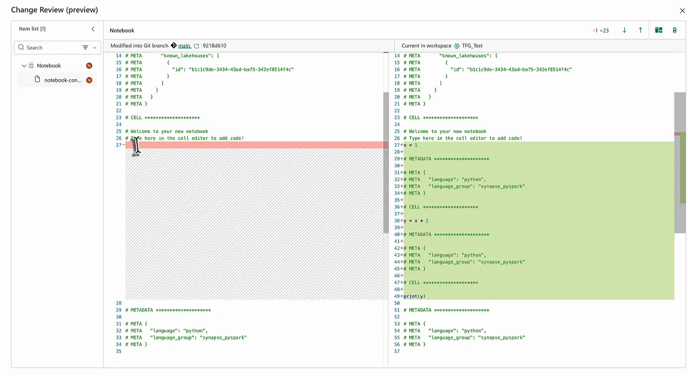 Change Review comparing notebook-content.py in Git branch main with the version in workspace TFG_Test: one empty line removed and three code cells added