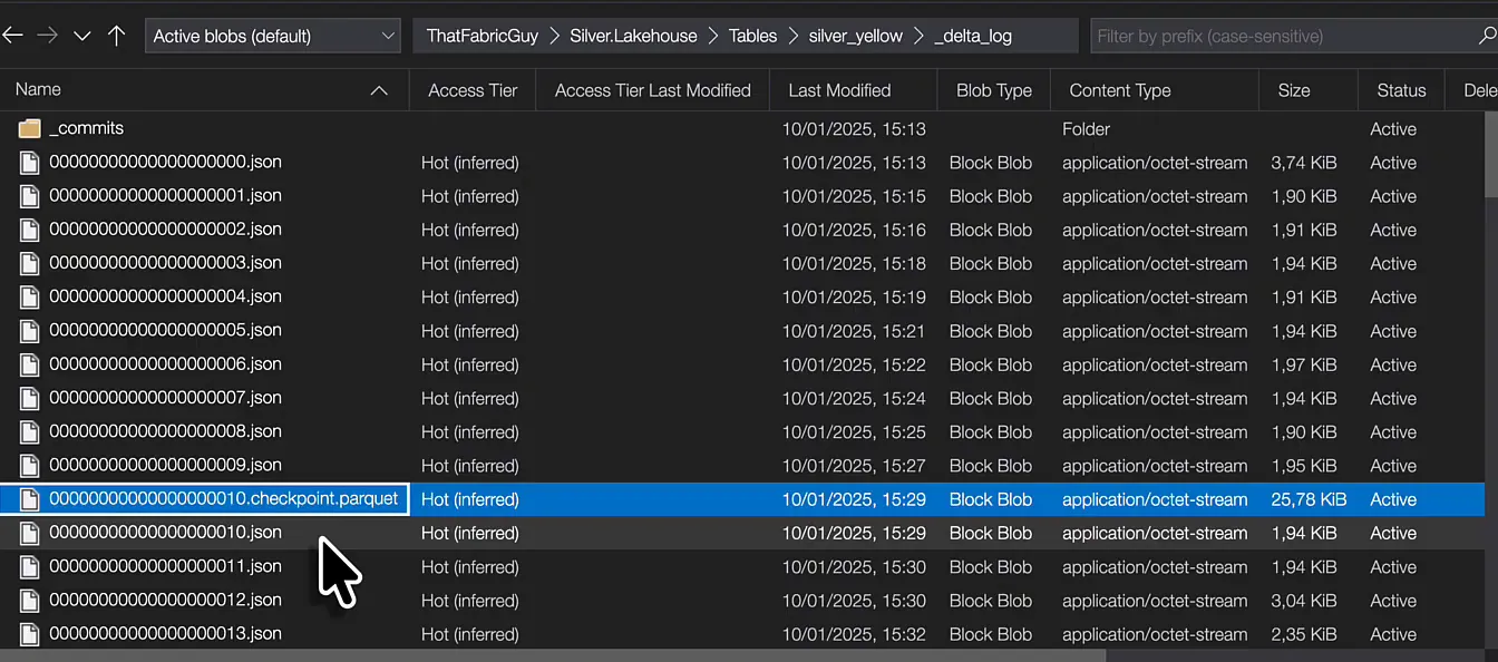 The _delta_log folder with JSON commits 0 to 13 and the file 00000000000000000010.checkpoint.parquet between commits 9 and 10