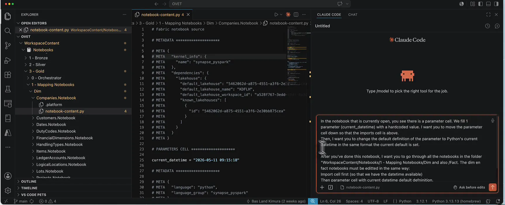 Visual Studio Code with the Companies notebook-content.py open on the parameter cell, and the prompt typed into the Claude Code panel on the right