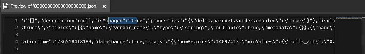 The first commit scrolled to the right, showing isManaged true, delta.parquet.vorder.enabled true and numRecords 14092413