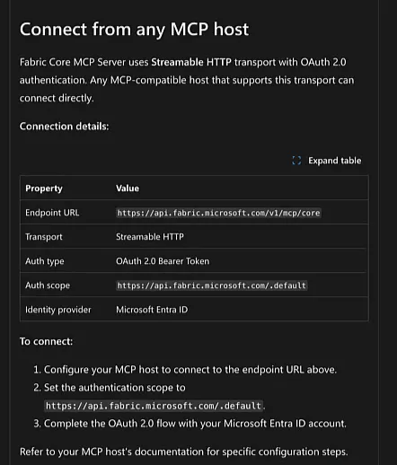 Microsoft Learn table with the Fabric Core MCP server connection details: endpoint URL, Streamable HTTP transport, OAuth 2.0 bearer token, auth scope and Microsoft Entra ID
