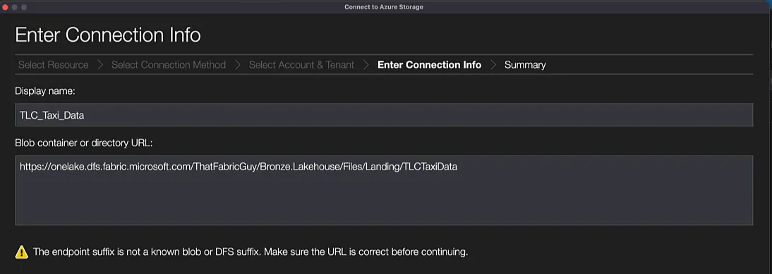 Enter Connection Info step of the Connect to Azure Storage dialog, with display name TLC_Taxi_Data and the OneLake URL of the TLCTaxiData folder