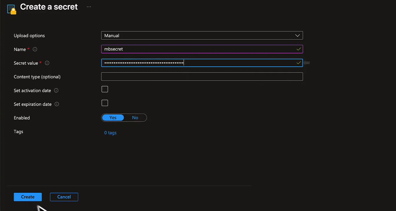 Create a secret form in the Azure portal with the name mbsecret and a masked secret value