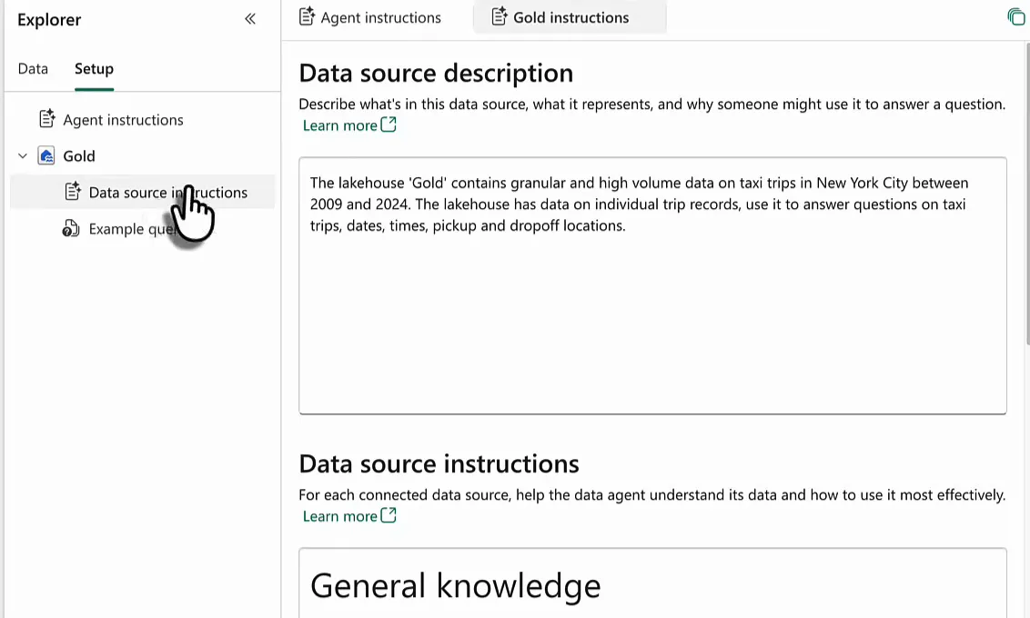 The Gold instructions tab with the data source description: the lakehouse Gold contains granular and high volume data on taxi trips in New York City between 2009 and 2024