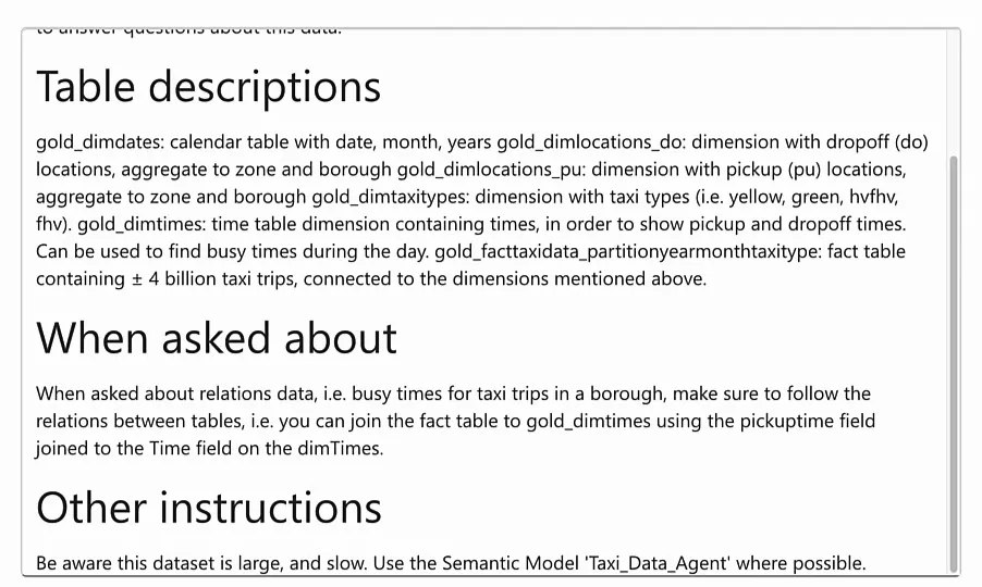 Data source instructions for the Gold lakehouse with sections Table descriptions, When asked about and Other instructions