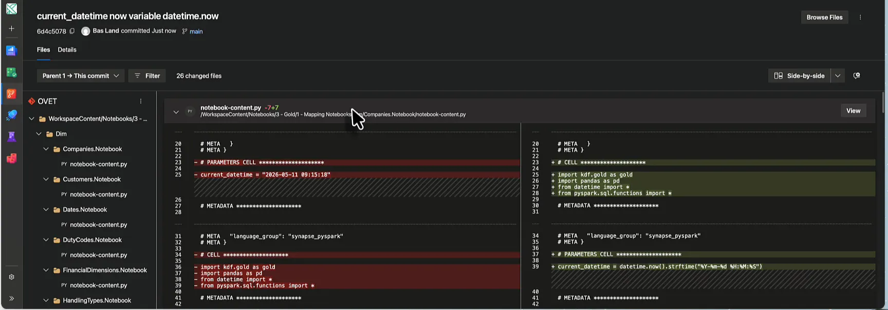 Azure DevOps commit "current_datetime now variable datetime.now" with 26 changed files, showing the Companies notebook side by side: parameter cell and imports removed on the left, imports and the new parameter cell added on the right