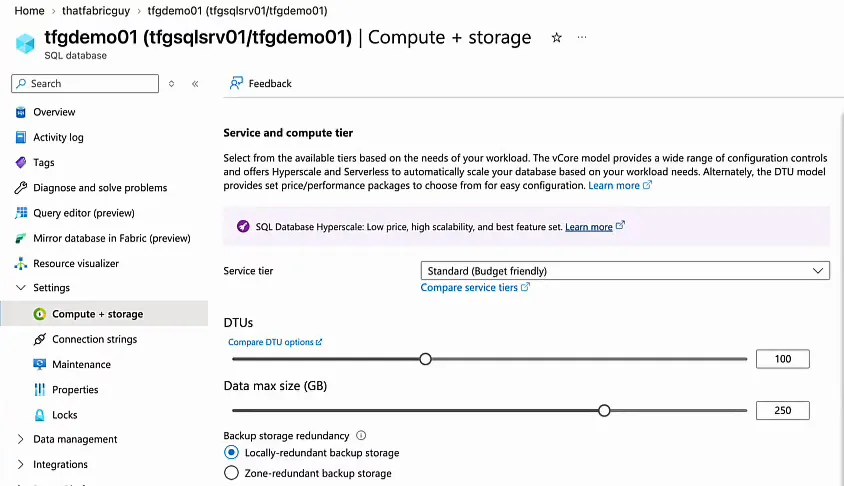 Compute and storage page of the tfgdemo01 Azure SQL database with service tier Standard and the DTU slider set to 100
