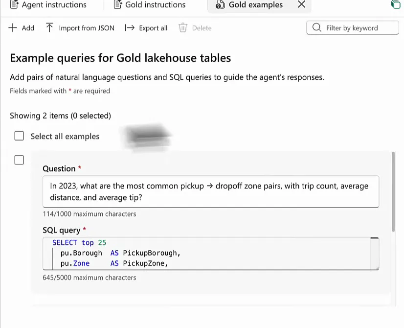 The Example queries tab for the Gold lakehouse tables with a question about the most common pickup to dropoff zone pairs in 2023 and the start of its SQL query