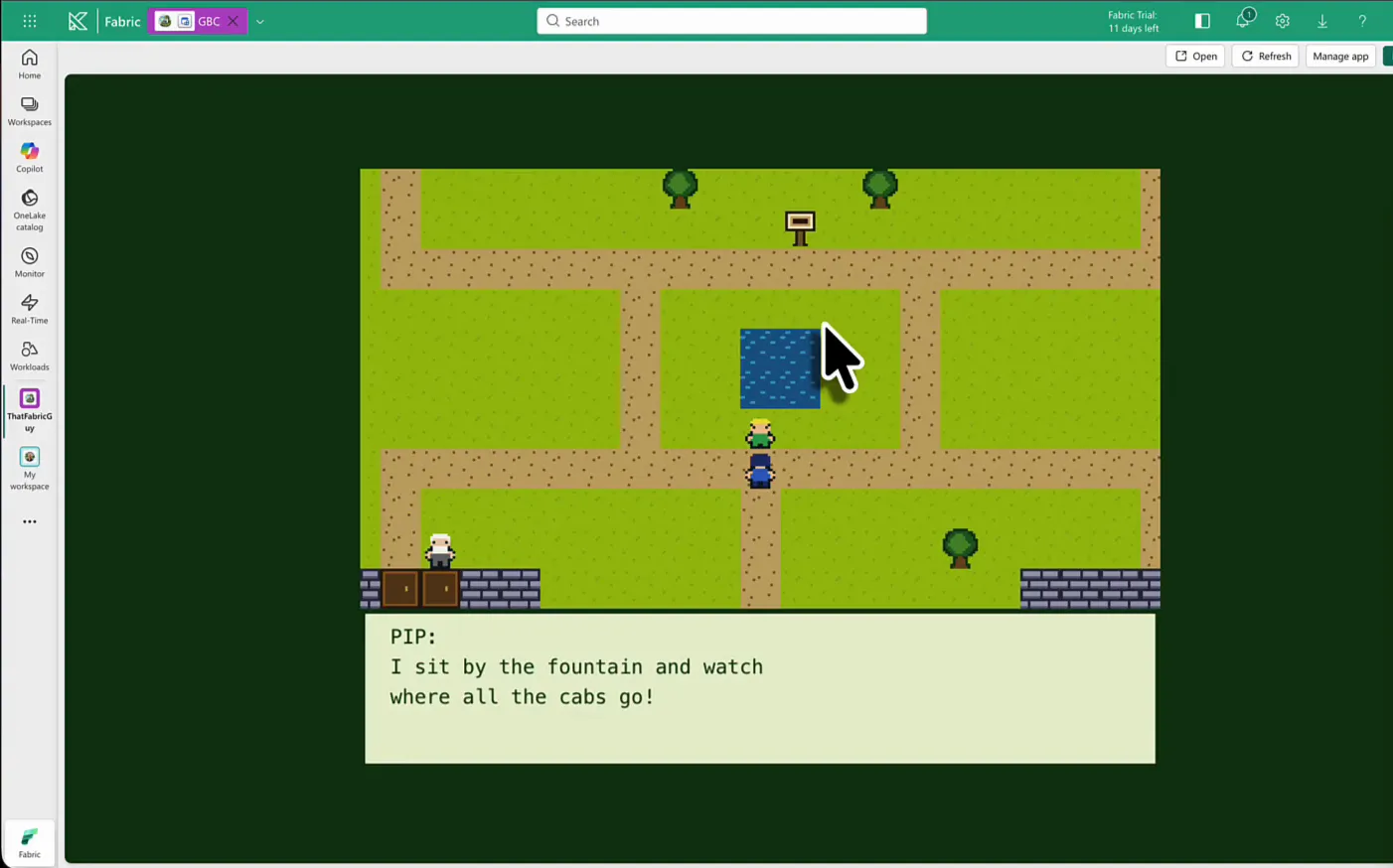 The GBC app open in the Fabric portal in the ThatFabricGuy workspace, with Pip by the fountain saying I sit by the fountain and watch where all the cabs go