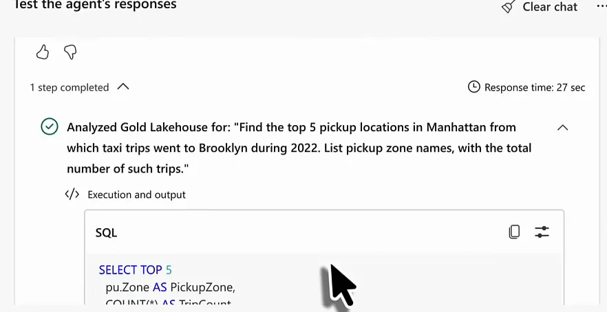 Reasoning step of the data agent: Analyzed Gold Lakehouse for the rephrased question, with Execution and output showing the generated SQL query