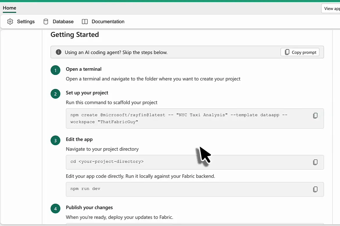 Getting Started page of a new Fabric app with four steps and the npm create command for the NYC Taxi Analysis app