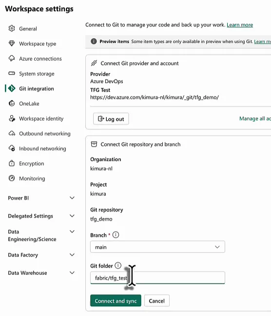 Git integration in the workspace settings, connected through TFG Test, with organisation, project and repository filled in, branch main and Git folder fabric/tfg_test