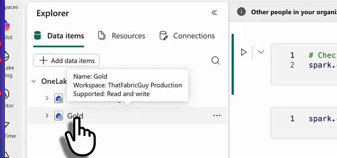 Notebook explorer in the production workspace with a tooltip on the Gold lakehouse reading Workspace: ThatFabricGuy Production, Supported: Read and write