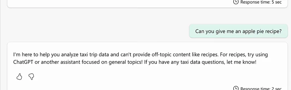 Data agent answering Can you give me an apple pie recipe by saying it only helps analyse taxi trip data and suggesting ChatGPT or another general assistant