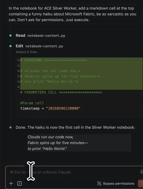 Claude Code panel with the haiku prompt, the Read and Edit steps on notebook-content.py, the added markdown cell above the parameter cell, and Bypass permissions active