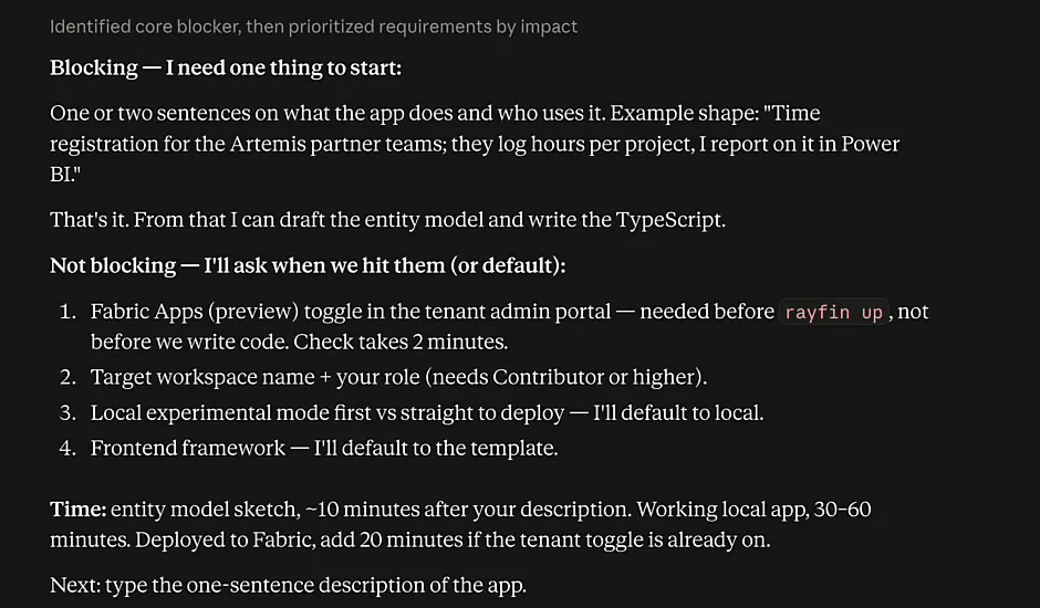 Claude's answer with the I Have ADHD skill: one blocking question about what the app does, four non-blocking items with defaults, time estimates and a single next step
