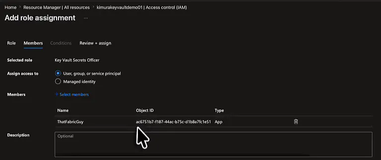 Add role assignment in the Azure portal for kimurakeyvaultdemo01, with selected role Key Vault Secrets Officer and member ThatFabricGuy of type App with Object ID ac6751b7-f187-44ac-b75c-d1b8a7fc1e51