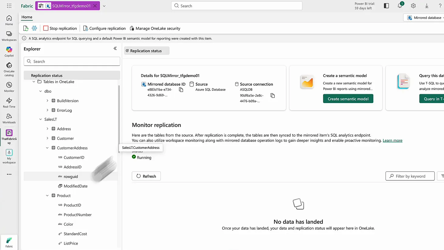 Mirrored database SQLMirror_tfgdemo01 with source Azure SQL Database, replication status Running and the dbo and SalesLT tables under Tables in OneLake