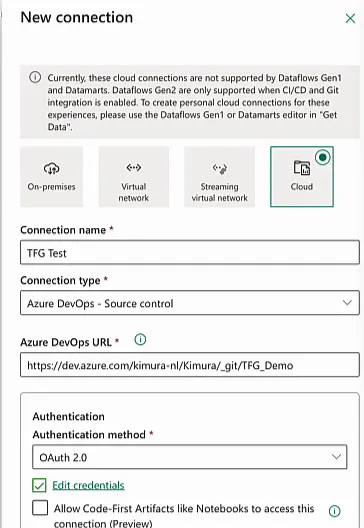 New connection panel with Cloud selected, connection name TFG Test, connection type Azure DevOps - Source control, the Azure DevOps URL of the TFG_Demo repository and OAuth 2.0 as the authentication method