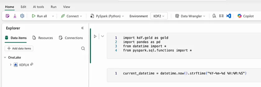 Fabric notebook with the imports cell first and the current_datetime = datetime.now().strftime("%Y-%m-%d %H:%M:%S") cell below it