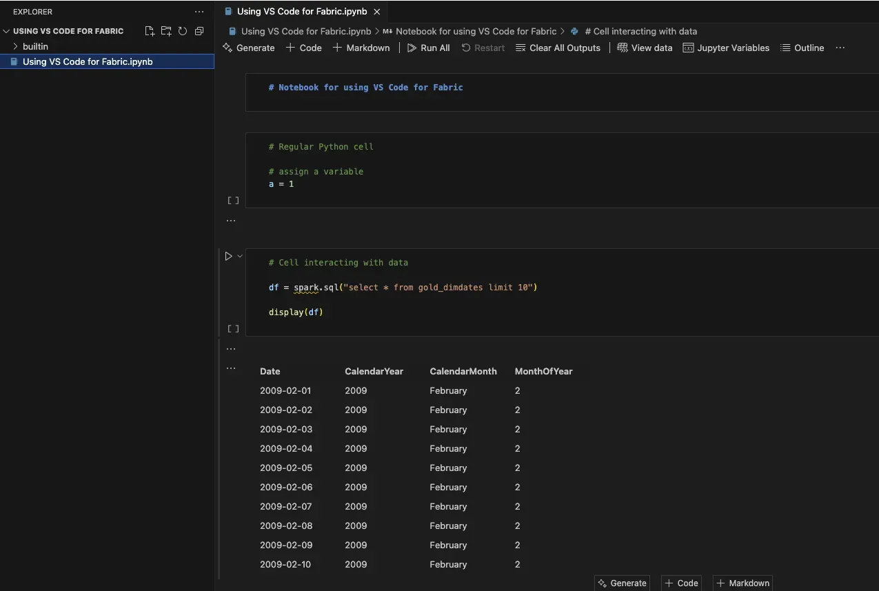 Screenshot of Visual Studio Code with a Microsoft Fabric notebook open.