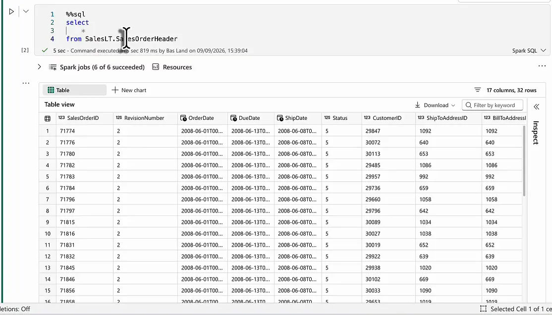 Spark SQL cell running select star from SalesLT.SalesOrderHeader, with a result table of 17 columns and 32 rows