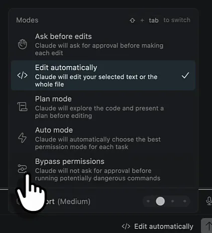 Claude Code modes menu in VS Code listing Ask before edits, Edit automatically (selected), Plan mode, Auto mode and Bypass permissions, with the effort slider on Medium below it