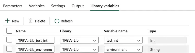 Library variables tab of a pipeline with TFGVarLib_test_int of type Int and TFGVarLib_environment of type String, both from TFGVarLib