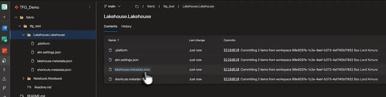 Azure DevOps repository TFG_Demo with fabric/tfg_test/Lakehouse.Lakehouse open, containing .platform, alm.settings.json, lakehouse.metadata.json and shortcuts.metadata.json