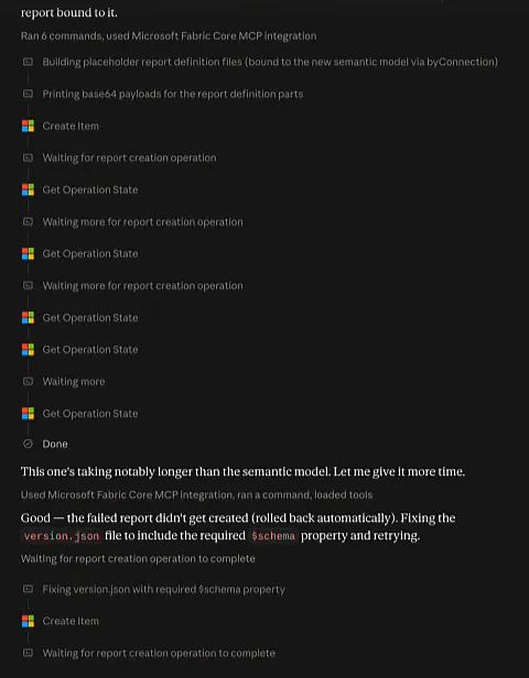 Claude's log of creating the report: several Get Operation State polls, a failure that rolled back, and a retry after fixing the version.json schema