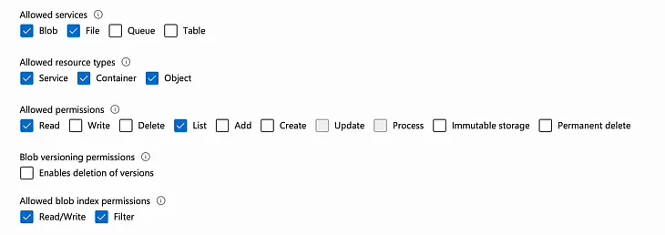 Shared access signature settings in the Azure portal with Blob and File as allowed services, Service, Container and Object as resource types, Read and List as the only permissions, and Read/Write and Filter as blob index permissions