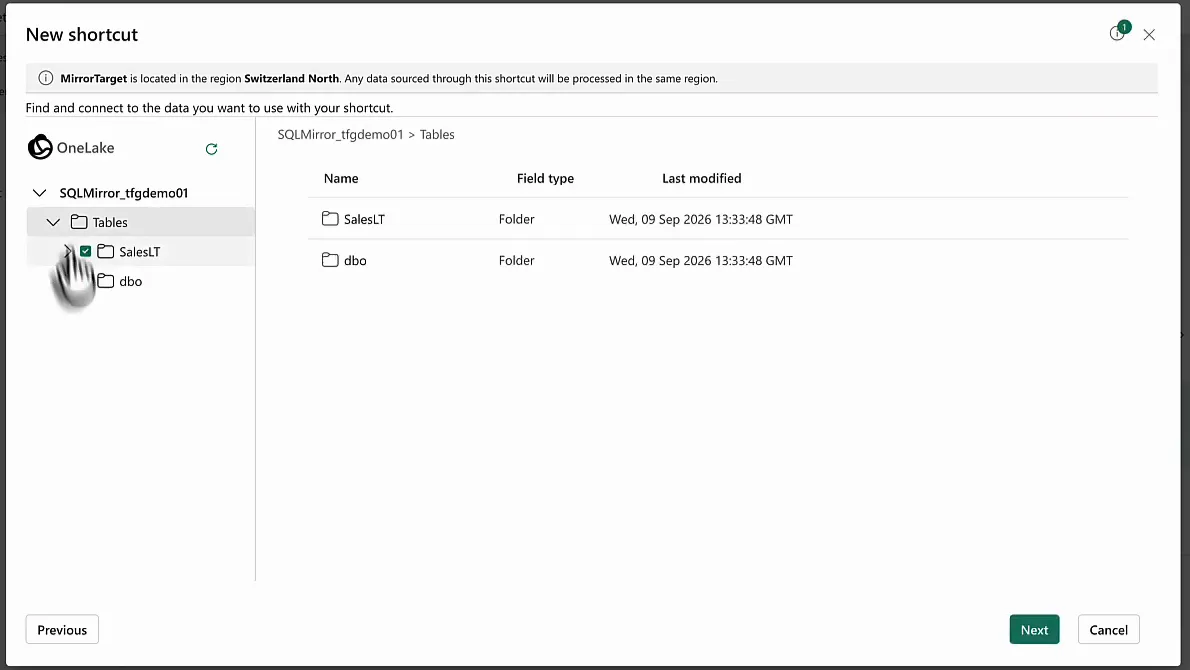 New shortcut dialog in the MirrorTarget lakehouse browsing SQLMirror_tfgdemo01, with the Tables folder holding the SalesLT and dbo schema folders