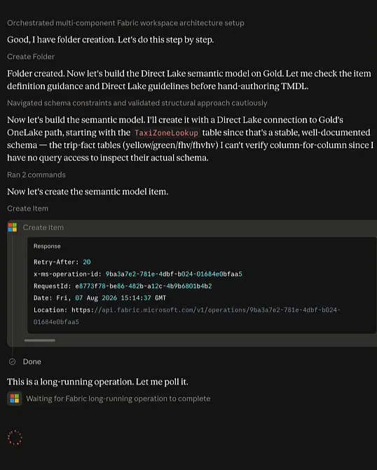 Claude explaining it will build a Direct Lake model on Gold starting with the TaxiZoneLookup table, followed by the Create Item request and its long-running operation