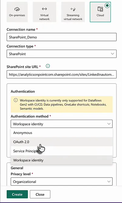 New connection pane in Fabric with connection name SharePoint_Demo, connection type SharePoint, a SharePoint site URL, and the authentication method dropdown open on Anonymous, OAuth 2.0, Service Principal and Workspace identity, under a warning that workspace identity is only supported for Dataflows Gen2 with CI/CD, data pipelines, OneLake shortcuts, notebooks and semantic models