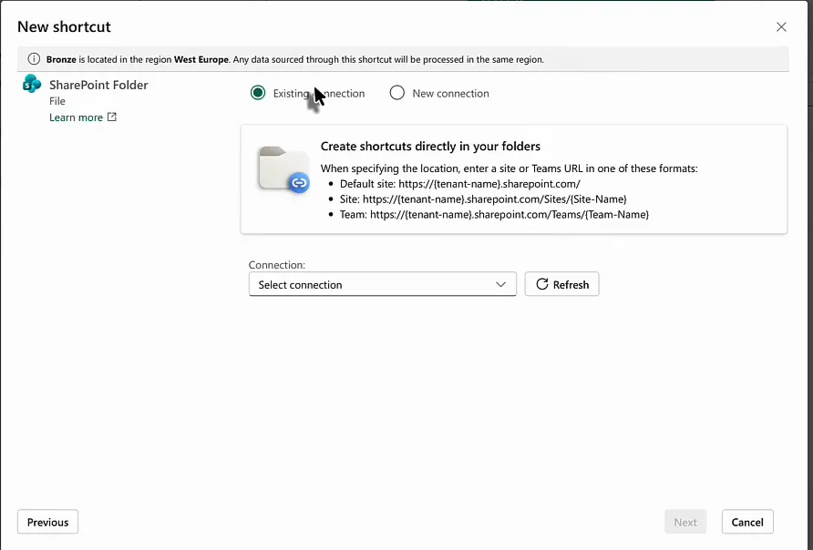 New shortcut dialog for a SharePoint Folder with Existing connection selected, the accepted URL formats for a default site, a site and a team, and a connection dropdown