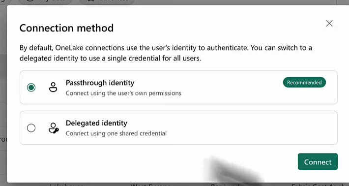 Connection method dialog with Passthrough identity selected and marked Recommended, and Delegated identity as the alternative