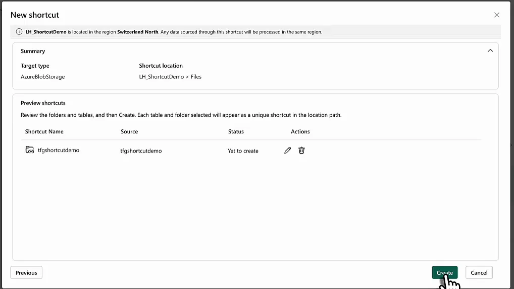 Preview shortcuts step of the New shortcut dialog with target type AzureBlobStorage, shortcut location LH_ShortcutDemo > Files and one shortcut tfgshortcutdemo with status Yet to create