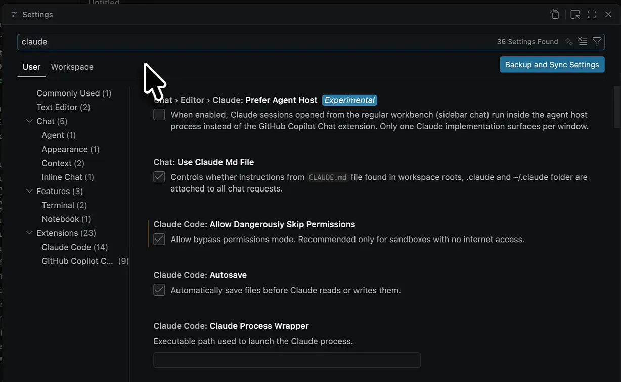 VS Code settings filtered on claude, with Claude Code: Allow Dangerously Skip Permissions checked and the description: Allow bypass permissions mode. Recommended only for sandboxes with no internet access.