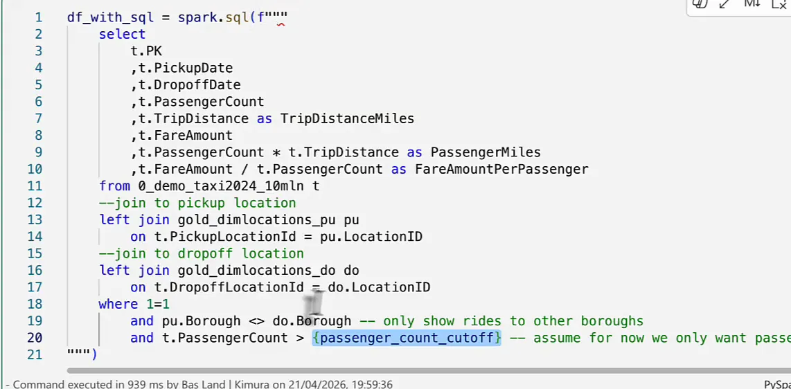 The Spark SQL cell in a Fabric notebook with the passenger_count_cutoff variable in the where clause