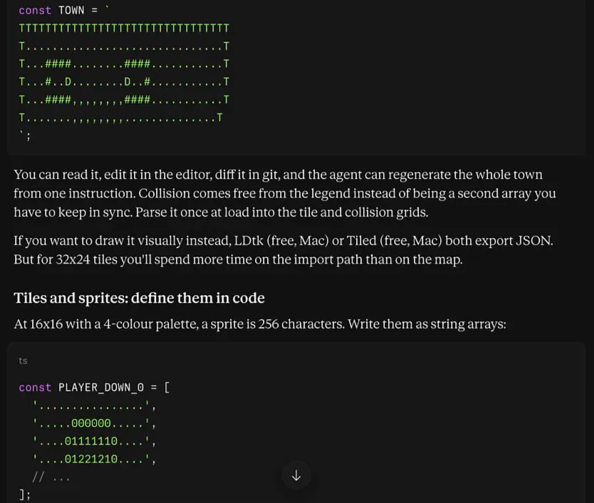 Claude's answer with the TOWN map as rows of T, dots, hashes and D characters, and the start of the PLAYER_DOWN_0 sprite as string arrays of palette indexes