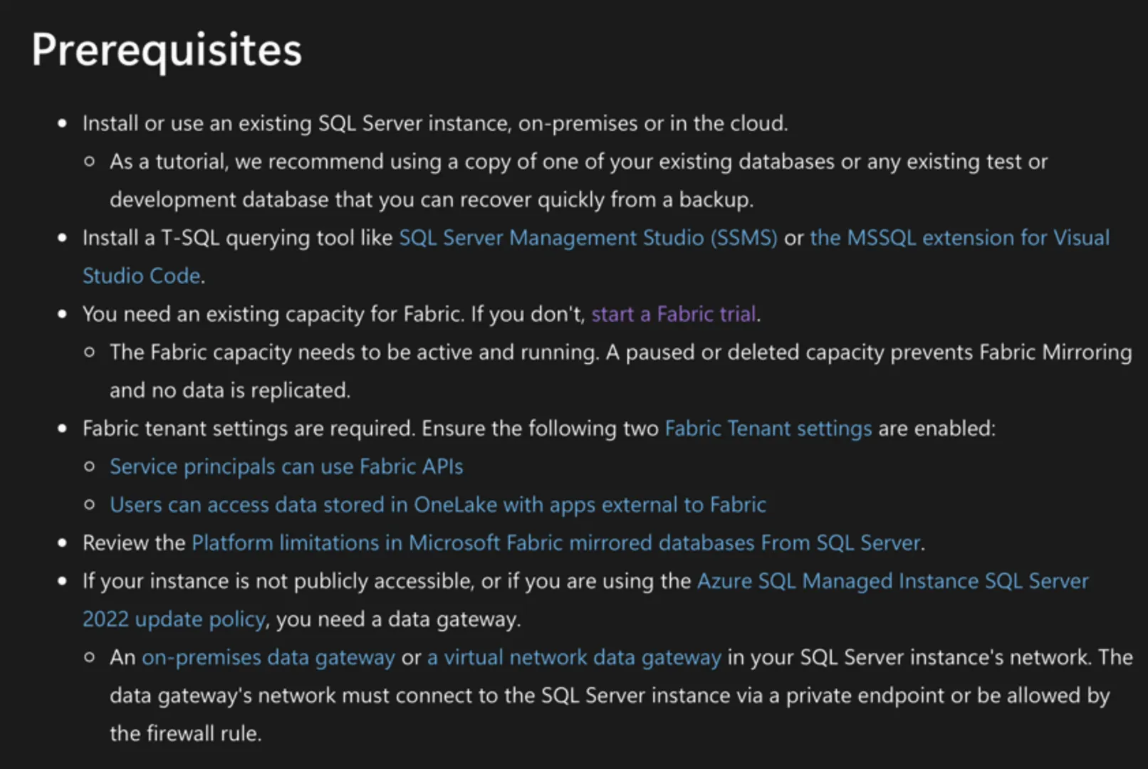 Microsoft's prerequisites for mirroring SQL Server: a SQL Server instance, a T-SQL querying tool, an active Fabric capacity, two tenant settings and a data gateway when the instance is not publicly accessible