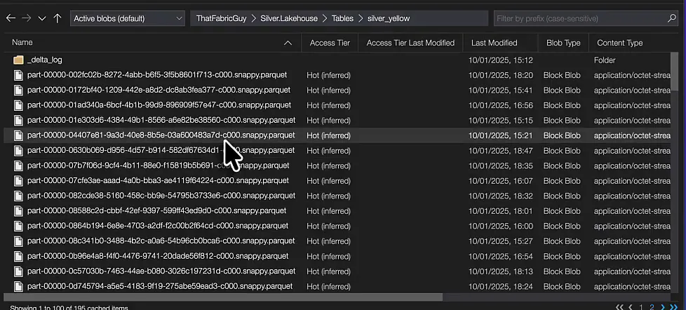 Azure Storage Explorer showing the silver_yellow table folder with a _delta_log folder and a list of snappy.parquet data files