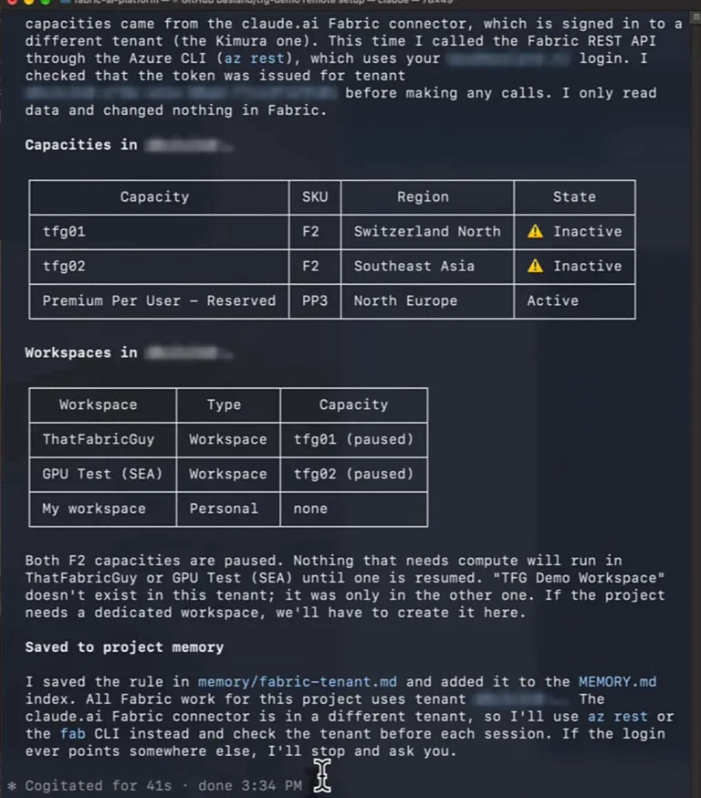 Claude's corrected answer: two paused F2 capacities and a Premium Per User capacity, three workspaces in the demo tenant, and the tenant rule saved to project memory