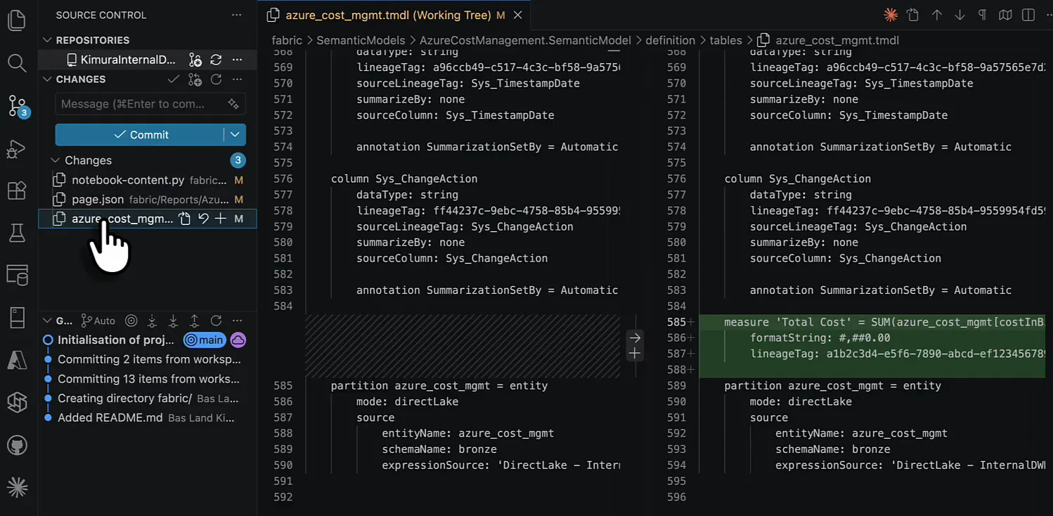 VS Code Source control with three changed files, and a side-by-side diff of azure_cost_mgmt.tmdl with the Total Cost measure added in green