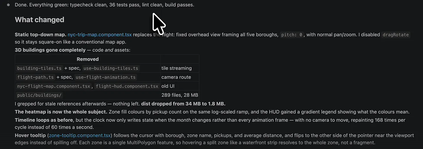 Claude Code summary listing the static top-down map, the removed building and flight files including public/buildings/ with 289 files and 28 MB, and the build dropping from 34 MB to 1.8 MB