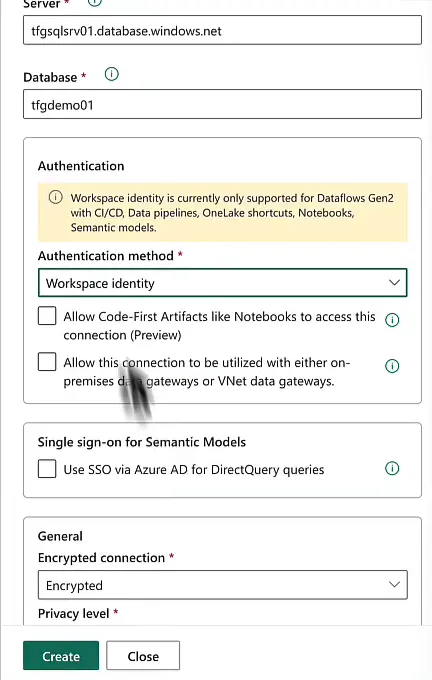 New connection pane in Fabric with server tfgsqlsrv01.database.windows.net, database tfgdemo01 and Workspace identity as the authentication method