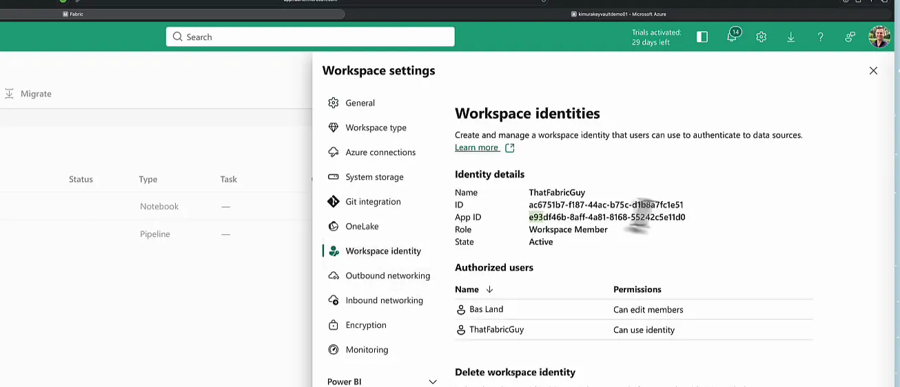 Workspace identities page in Fabric workspace settings with name ThatFabricGuy, an ID, an App ID, role Workspace Member and state Active, and Bas Land and ThatFabricGuy as authorized users