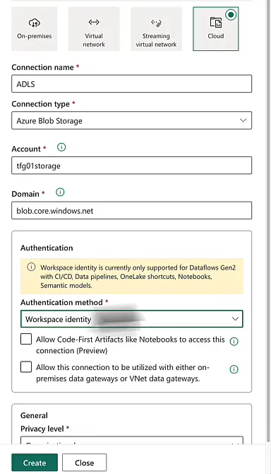 New connection pane in Fabric for Azure Blob Storage account tfg01storage, with a warning that workspace identity is only supported for Dataflows Gen2 with CI/CD, data pipelines, OneLake shortcuts, notebooks and semantic models