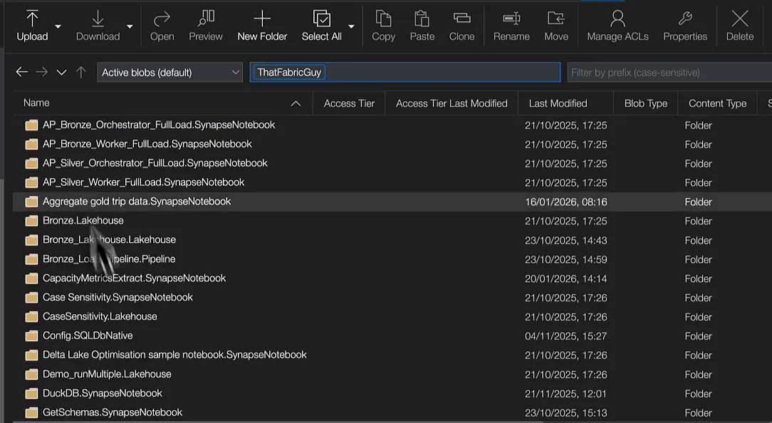 Storage Explorer at the root of the ThatFabricGuy workspace, listing items as folders such as Bronze.Lakehouse, notebooks ending in .SynapseNotebook and a .Pipeline folder